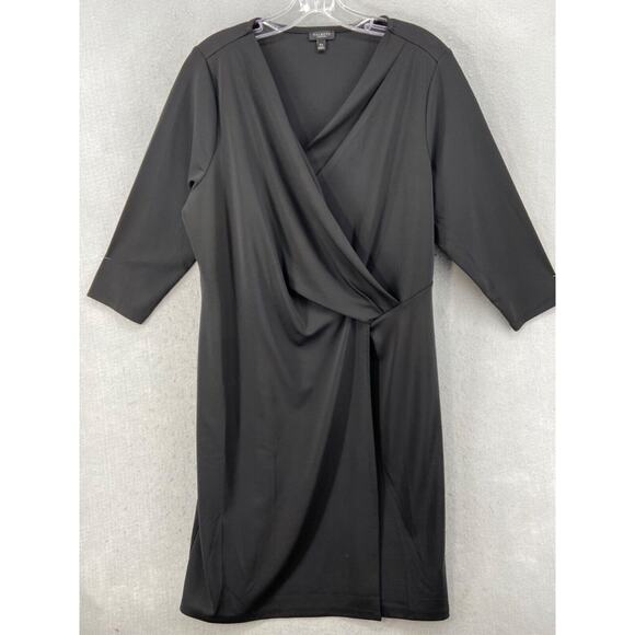 Talbots Plus Petite Dress Sz 1XP Black Knit Stretch Blouson Wrap V Neck Knee Len - Picture 1 of 11